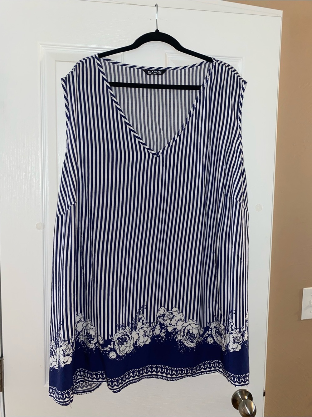 BloomChic Navy and White Striped V-Neck Tunic with Floral Border